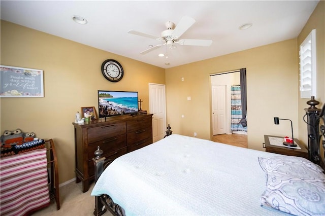 27518 Hazelhurst St Unit 1, Murrieta, CA 92562 - bedroom featuring light colored carpet, ceiling fan, and recessed lighting