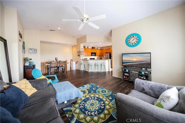 27518 Hazelhurst St Unit 1, Murrieta, CA 92562 - living room with dark wood finished floors, lofted ceiling, ceiling fan, and recessed lighting