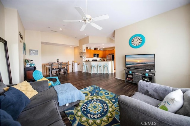 27518 Hazelhurst St Unit 1, Murrieta, CA 92562 - living area featuring dark wood finished floors, vaulted ceiling, ceiling fan, and recessed lighting