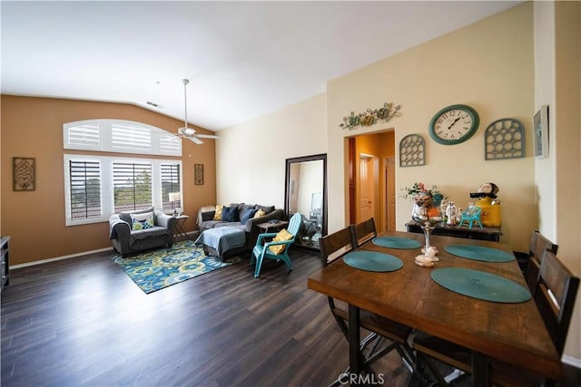 27518 Hazelhurst St Unit 1, Murrieta, CA 92562 - dining space featuring vaulted ceiling, dark wood-style floors, and ceiling fan