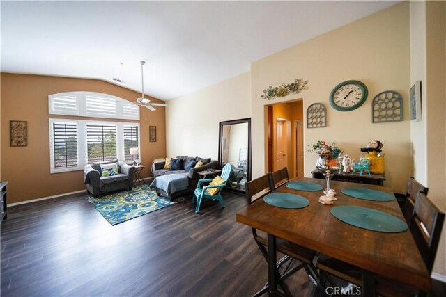 27518 Hazelhurst St Unit 1, Murrieta, CA 92562 - dining room with lofted ceiling, dark wood-style flooring, and ceiling fan