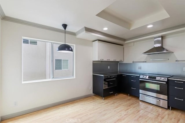 4730 Ben Ave Unit 3, Valley Village, CA 91607 - kitchen with wall chimney exhaust hood, stainless steel electric stove, light wood-style floors, crown molding, and decorative light fixtures