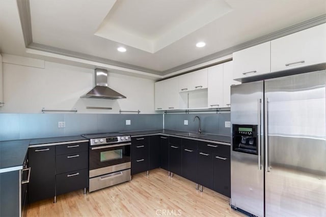 4730 Ben Ave Unit 3, Valley Village, CA 91607 - kitchen with a tray ceiling, wall chimney range hood, stainless steel appliances, and a sink