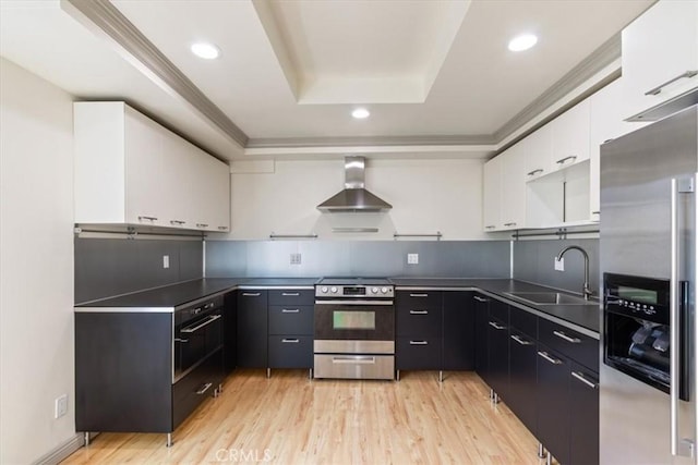 4730 Ben Ave Unit 3, Valley Village, CA 91607 - kitchen featuring wall chimney range hood, a sink, a raised ceiling, white cabinets, and appliances with stainless steel finishes