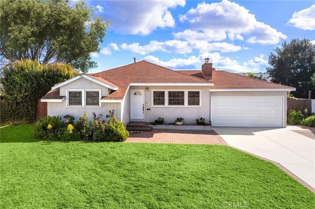 228 S Norman Ave, Fullerton, CA 92831 - ranch-style house featuring a chimney, a front lawn, stucco siding, an attached garage, and driveway