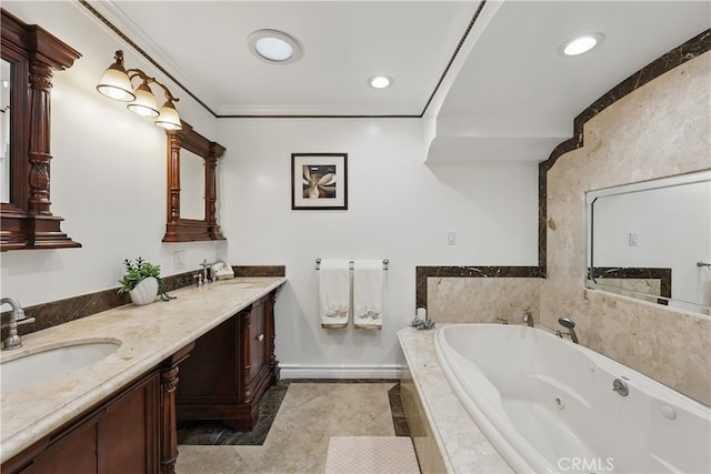 full bath with a tub with jets, a sink, double vanity, and recessed lighting
