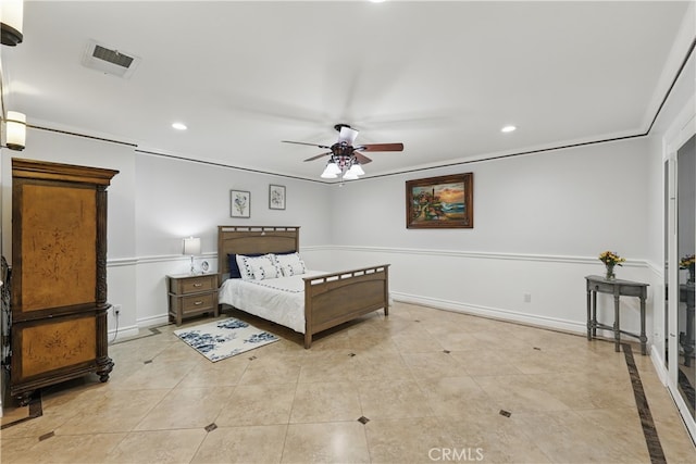 bedroom with recessed lighting, visible vents, baseboards, and light tile patterned floors