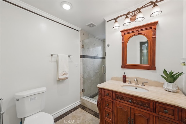 full bathroom with visible vents, toilet, vanity, baseboards, and a stall shower