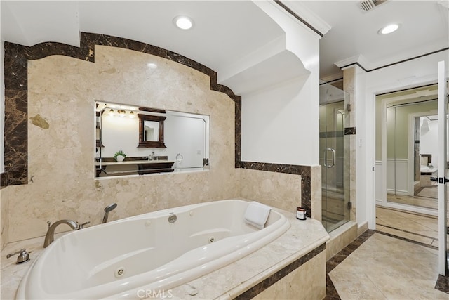 bathroom featuring visible vents, a whirlpool tub, recessed lighting, and a stall shower
