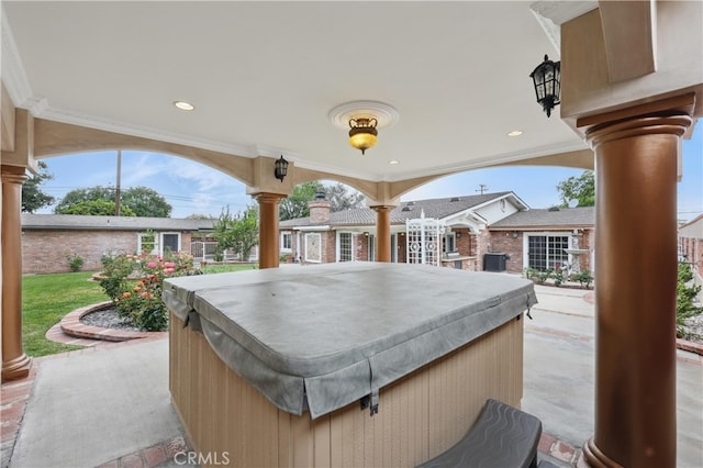 view of patio featuring a hot tub