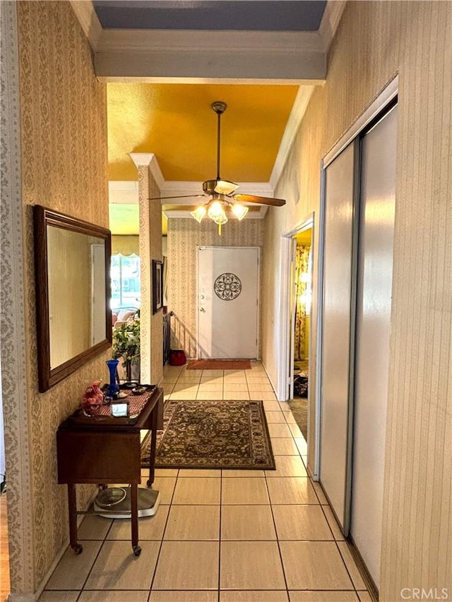 1193 W Molly Ct, Upland, CA 91786 - corridor featuring wallpapered walls, ornamental molding, and light tile patterned floors