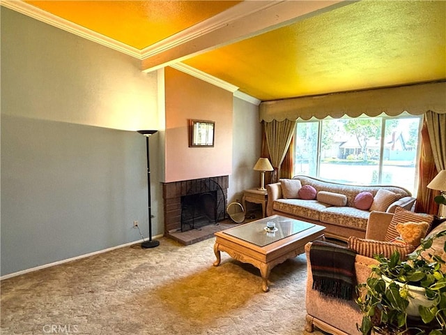 1193 W Molly Ct, Upland, CA 91786 - carpeted living room with crown molding, a textured ceiling, a fireplace, baseboards, and lofted ceiling