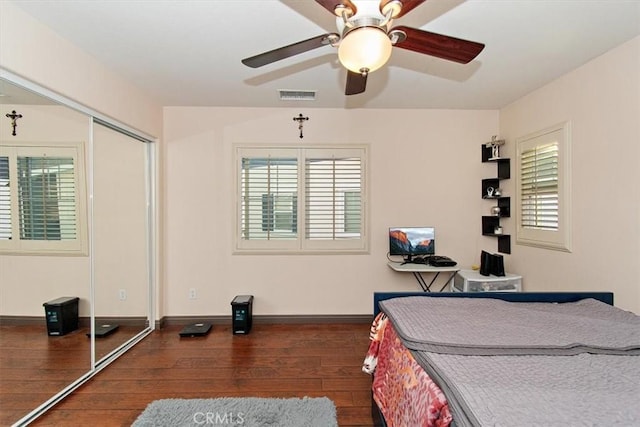 15785 Approach Ave, Chino, CA 91708 - bedroom with baseboards, visible vents, a ceiling fan, a closet, and hardwood / wood-style flooring