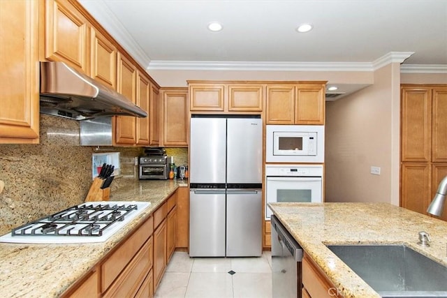15785 Approach Ave, Chino, CA 91708 - kitchen with under cabinet range hood, ornamental molding, a sink, tasteful backsplash, and appliances with stainless steel finishes