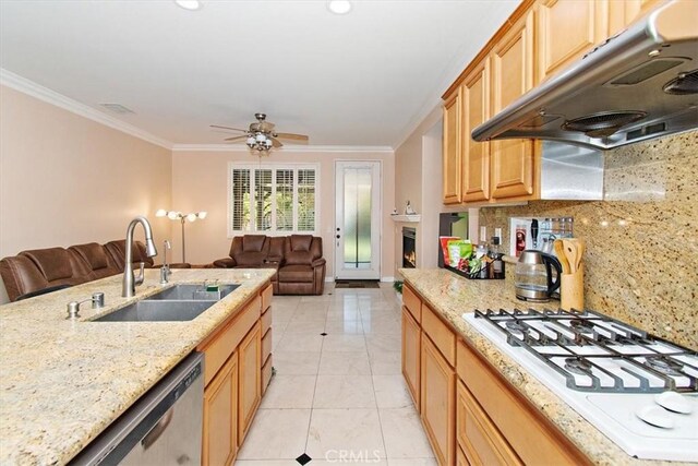 15785 Approach Ave, Chino, CA 91708 - kitchen with range hood, white gas stovetop, open floor plan, dishwasher, and crown molding