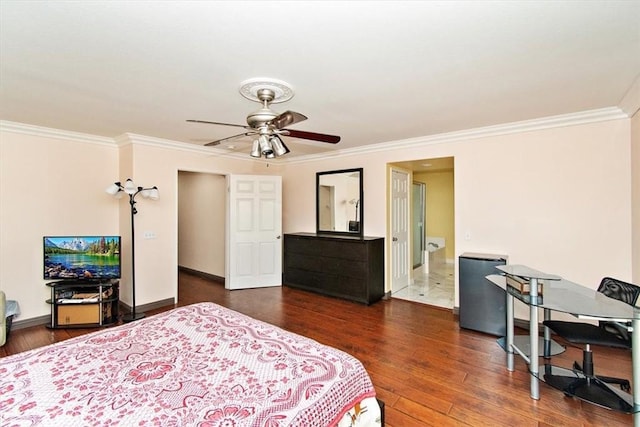 15785 Approach Ave, Chino, CA 91708 - bedroom with ceiling fan, baseboards, ornamental molding, and dark wood-style floors