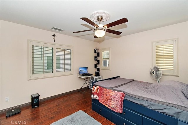 15785 Approach Ave, Chino, CA 91708 - bedroom with a ceiling fan, baseboards, dark wood-style flooring, and visible vents