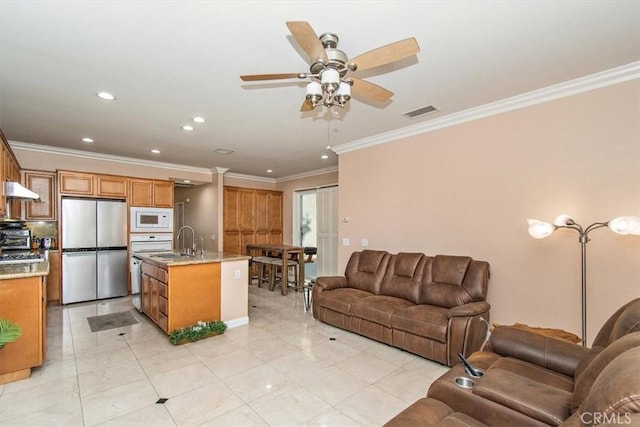 15785 Approach Ave, Chino, CA 91708 - living area featuring recessed lighting, visible vents, a ceiling fan, ornamental molding, and light tile patterned floors
