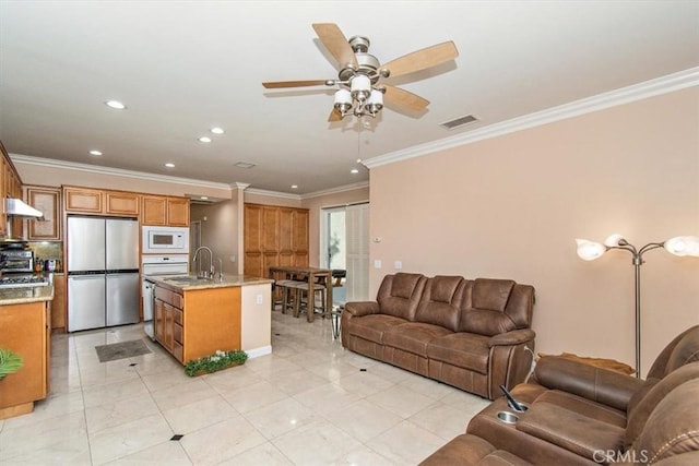 15785 Approach Ave, Chino, CA 91708 - living area with ceiling fan, crown molding, recessed lighting, and light tile patterned flooring