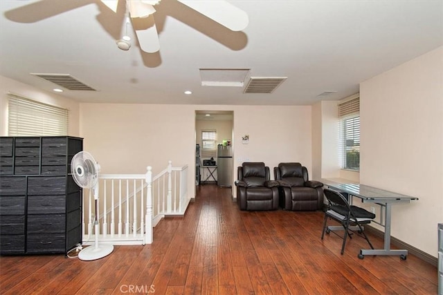 15785 Approach Ave, Chino, CA 91708 - sitting room with an upstairs landing, hardwood / wood-style flooring, a ceiling fan, and recessed lighting