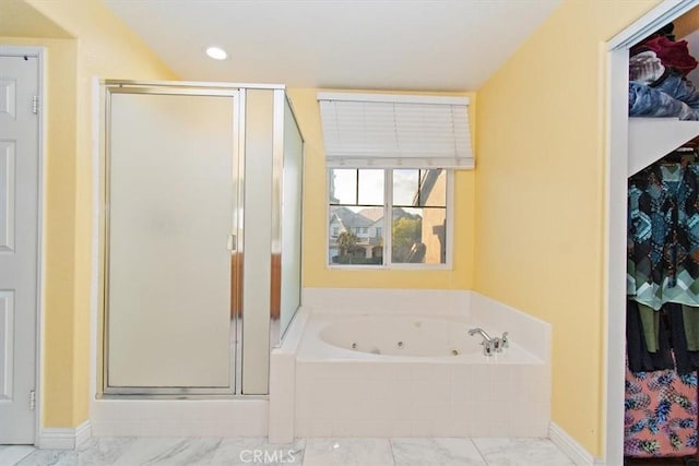 15785 Approach Ave, Chino, CA 91708 - full bathroom featuring recessed lighting, a shower stall, marble finish floor, a tub with jets, and baseboards