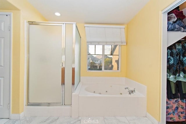 15785 Approach Ave, Chino, CA 91708 - full bathroom with marble finish floors, a stall shower, a tub with jets, and recessed lighting