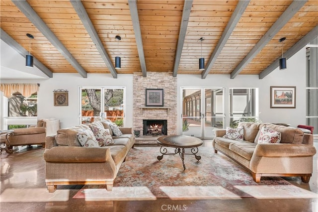 254 Sequoia Ct Unit 12, Thousand Oaks, CA 91360 - living area with a fireplace, vaulted ceiling with beams, and wooden ceiling