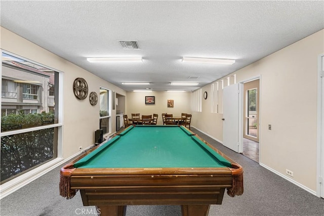 254 Sequoia Ct Unit 12, Thousand Oaks, CA 91360 - rec room featuring visible vents, a textured ceiling, pool table, and carpet flooring