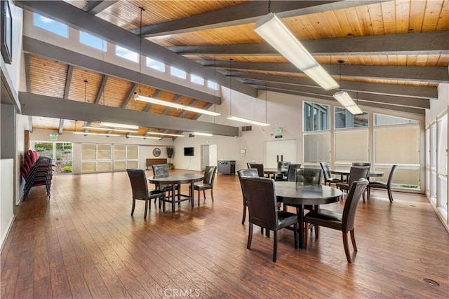 254 Sequoia Ct Unit 12, Thousand Oaks, CA 91360 - dining space with beamed ceiling, high vaulted ceiling, wood-type flooring, and wooden ceiling
