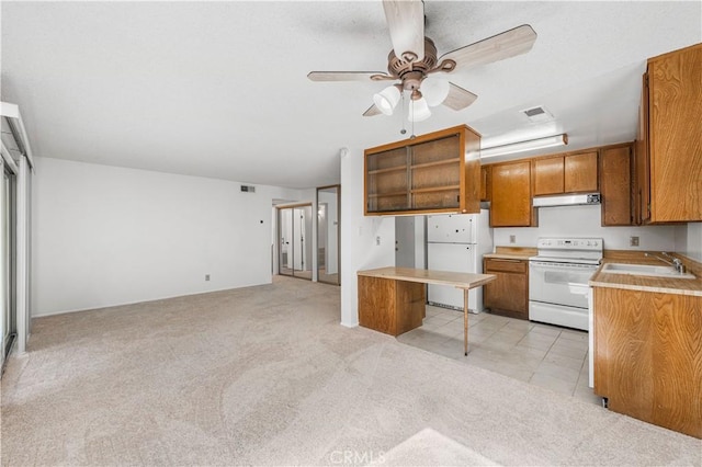 254 Sequoia Ct Unit 12, Thousand Oaks, CA 91360 - kitchen featuring brown cabinets, under cabinet range hood, a ceiling fan, a sink, and white appliances