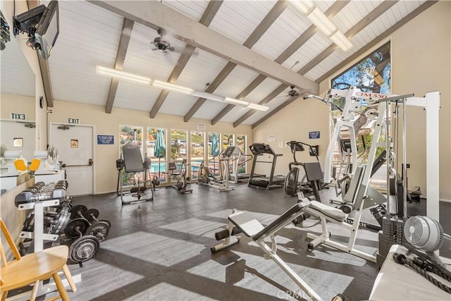 254 Sequoia Ct Unit 12, Thousand Oaks, CA 91360 - exercise room featuring wood ceiling, baseboards, and high vaulted ceiling