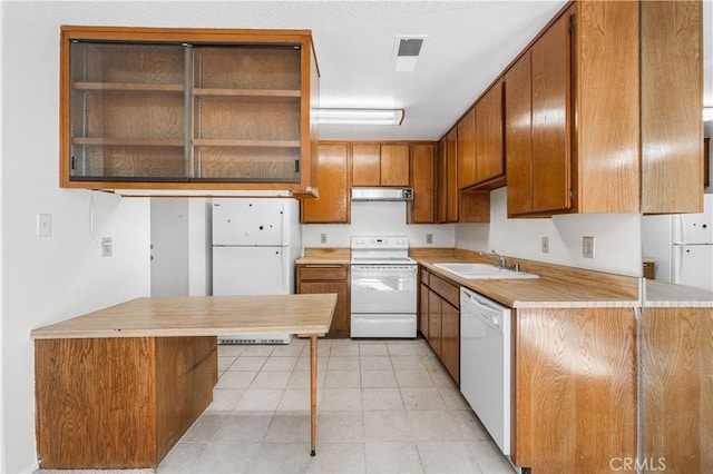 254 Sequoia Ct Unit 12, Thousand Oaks, CA 91360 - kitchen featuring a sink, white appliances, brown cabinetry, light countertops, and under cabinet range hood