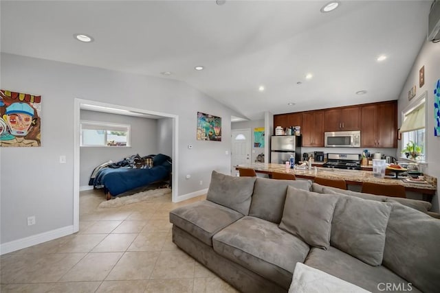 1339 Higuera St, San Luis Obispo, CA 93401 - living room featuring vaulted ceiling, baseboards, recessed lighting, and light tile patterned flooring