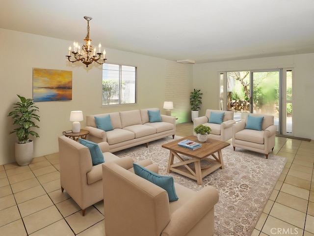 living area featuring a chandelier and light tile patterned floors