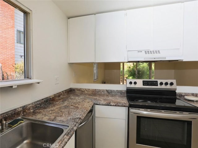 kitchen with stainless steel appliances, under cabinet range hood, white cabinetry, and a healthy amount of sunlight