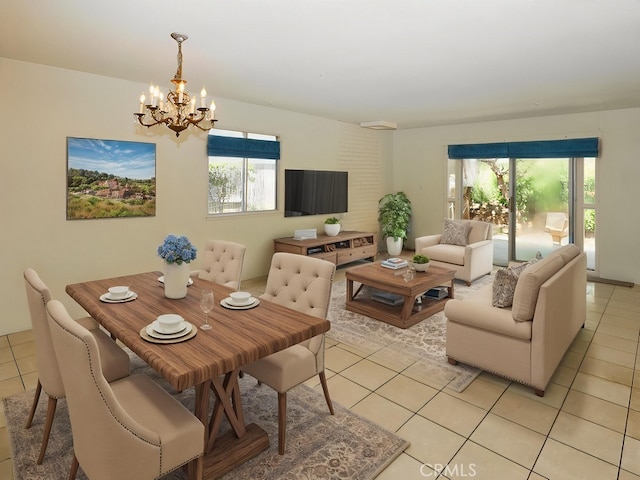dining room with a chandelier and light tile patterned floors