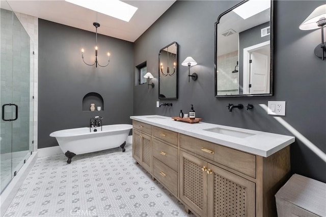 5142 Brynhurst Ave, Los Angeles, CA 90043 - bathroom with a shower stall, a sink, visible vents, and a skylight