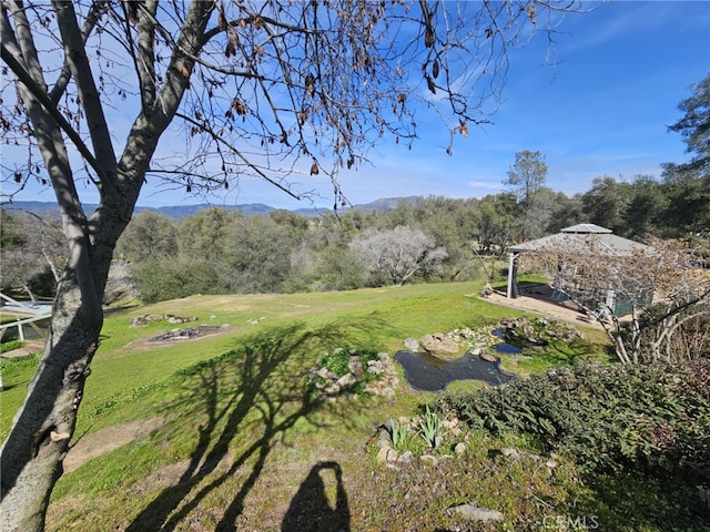 view of yard with a gazebo and a mountain view