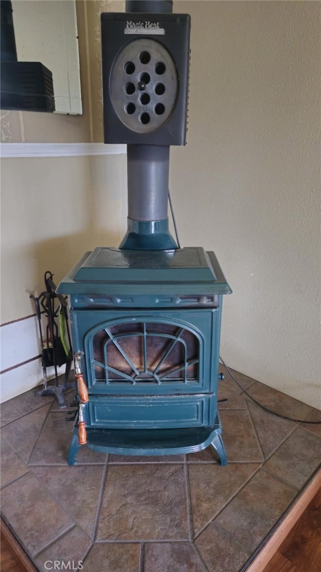 interior details with a wood stove