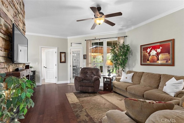 226 Stony Creek Dr, Orland, CA 95963 - living room with a fireplace, a ceiling fan, baseboards, dark wood-type flooring, and ornamental molding