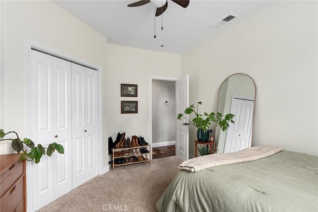 226 Stony Creek Dr, Orland, CA 95963 - bedroom featuring visible vents, carpet floors, a closet, baseboards, and ceiling fan