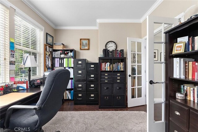 226 Stony Creek Dr, Orland, CA 95963 - home office with french doors, ornamental molding, and wood finished floors