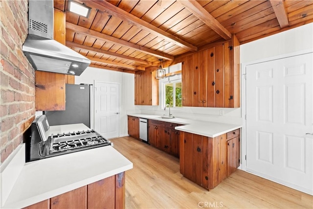 kitchen with wood ceiling, ventilation hood, dishwashing machine, and range with gas stovetop