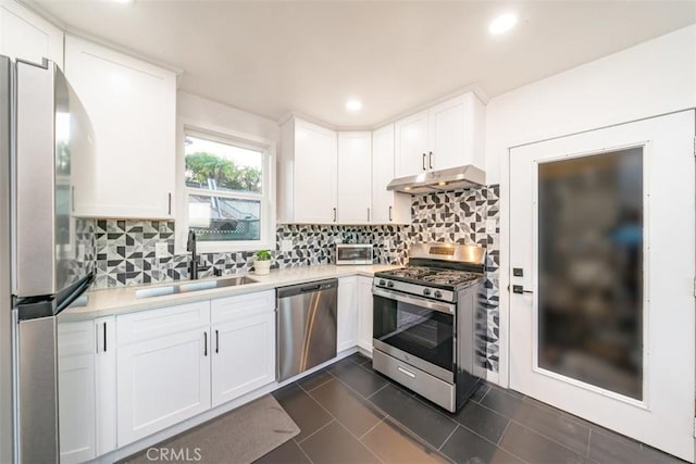 kitchen with stainless steel appliances, a sink, tasteful backsplash, light countertops, and under cabinet range hood