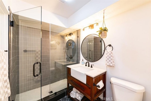 full bath with a shower stall, toilet, and vanity