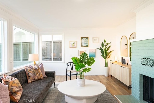 living area with a fireplace, wood finished floors, and plenty of natural light