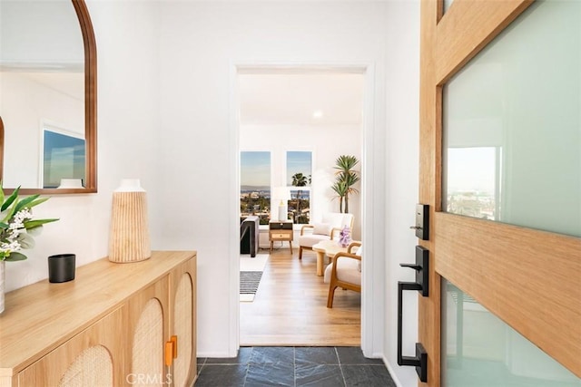 hallway with stone finish floor