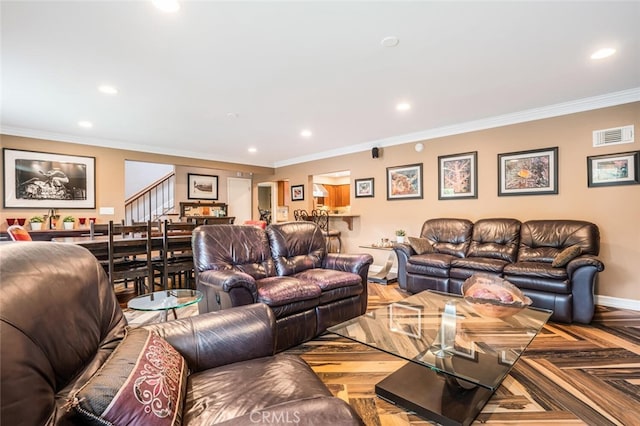 12843 Sarah St, Studio City, CA 91604 - living area featuring recessed lighting, stairs, and ornamental molding