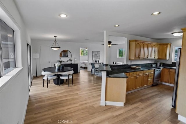 310 N Jackson St Unit 330, Glendale, CA 91206 - kitchen with a peninsula, dishwasher, light wood-style floors, and ceiling fan