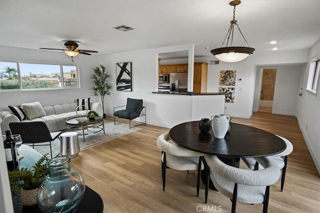 310 N Jackson St Unit 330, Glendale, CA 91206 - dining area with a ceiling fan, light wood finished floors, baseboards, visible vents, and recessed lighting